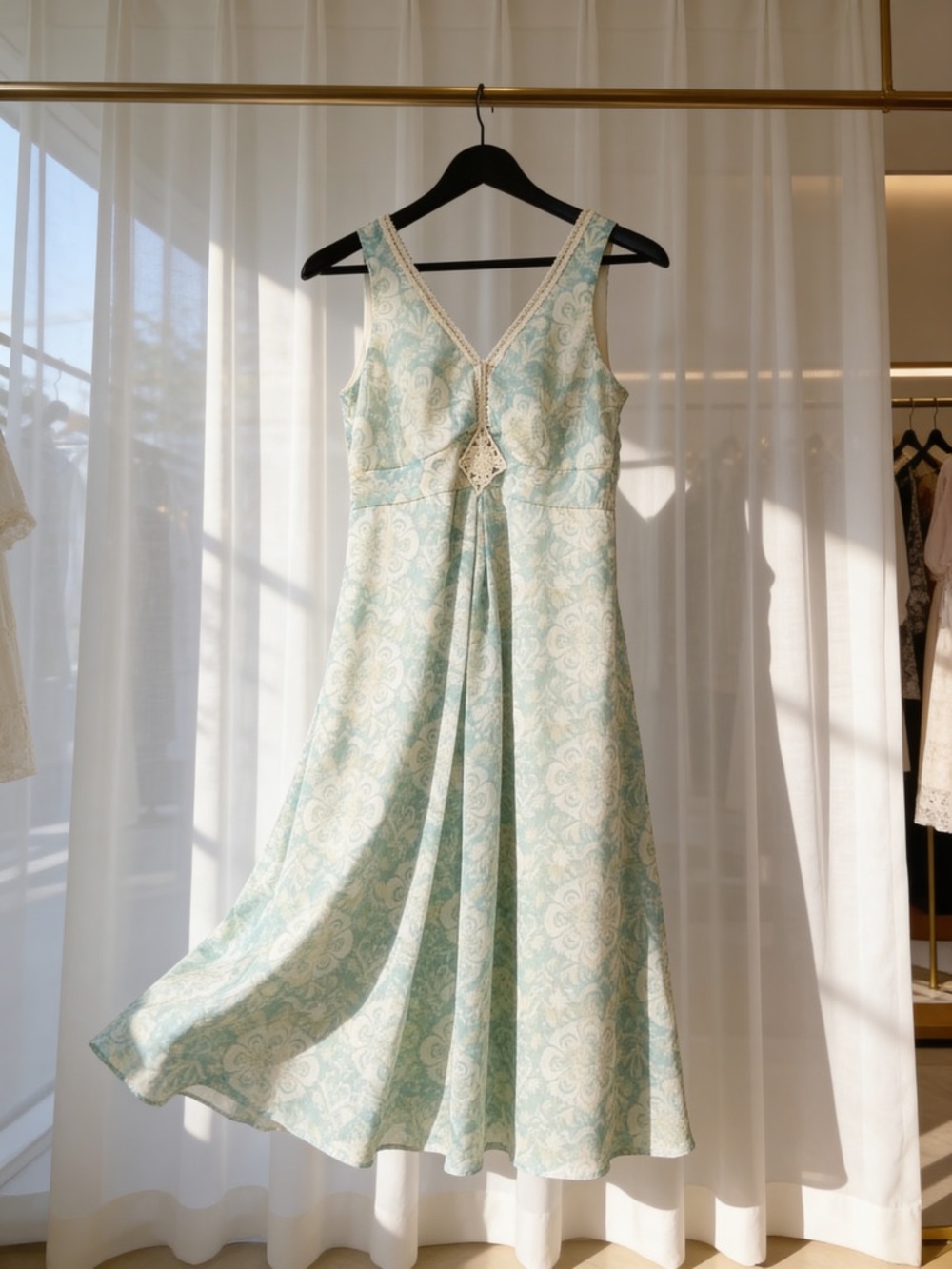 Jonathan Martin Blue Beige Embroidery Detail Sleeveless‎ Midi Dress